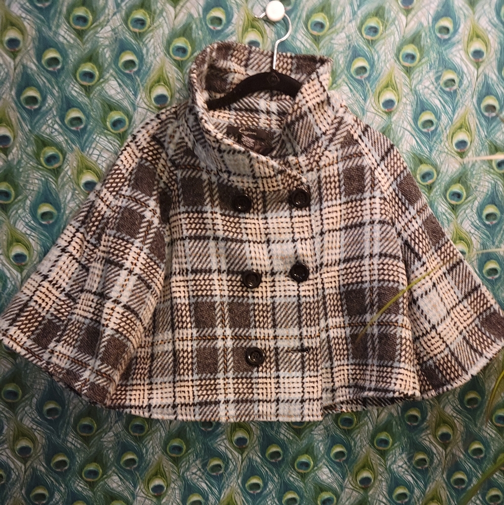 Plaid Double-Breasted Wool Blend Cape - Brown & Cream